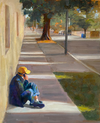 oil painting of a man on a phone sitting on the sidewalk by Wendy Gordin