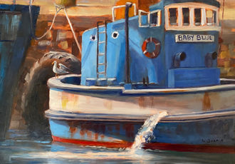 oil painting of a boat in a harbor