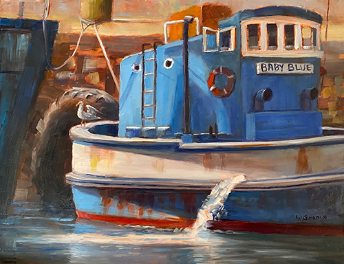 oil painting of a boat in a harbor