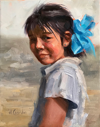 oil painting of a young girl with a blue bow by Wendy Gordin