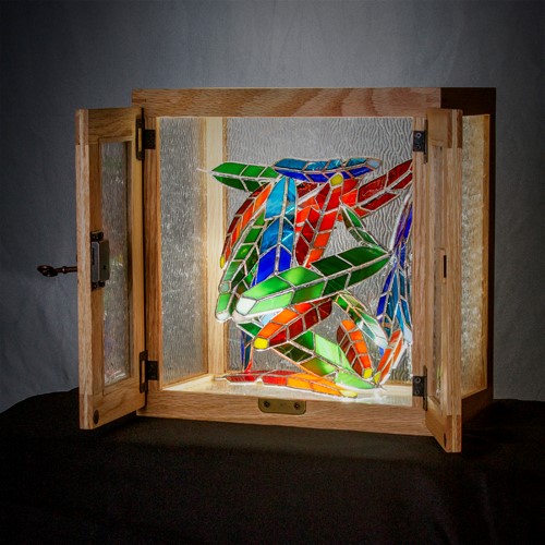 open mixed media stained glass box sculpture by Edd Johannemann