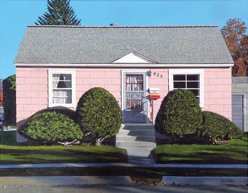 Painted portrait of a pink Bozeman house by Michael Ward