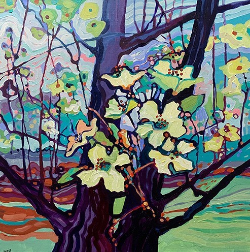 landscape painting of a cherry tree by Judy Hodge