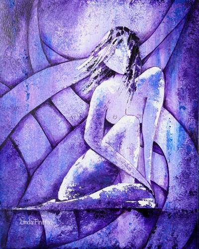 painting in purple of a seated female by Linda Finstad
