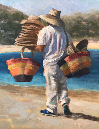 oil painting of a man carrying hats and baskets by Wendy Gordin