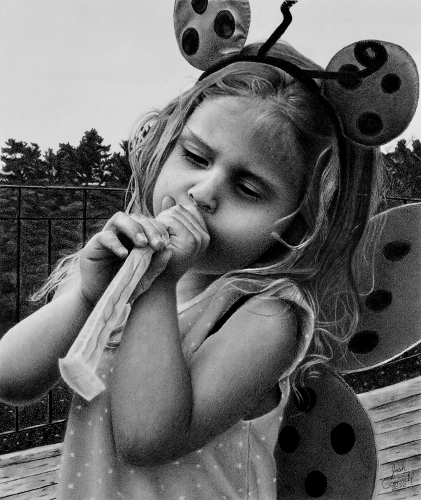 charcoal portrait of a little girl with a party horn by Josh Connell