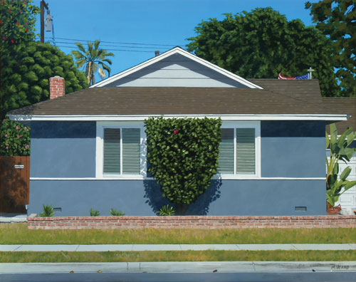 painted portrait of a blue house with a large hibiscus by Michael Ward