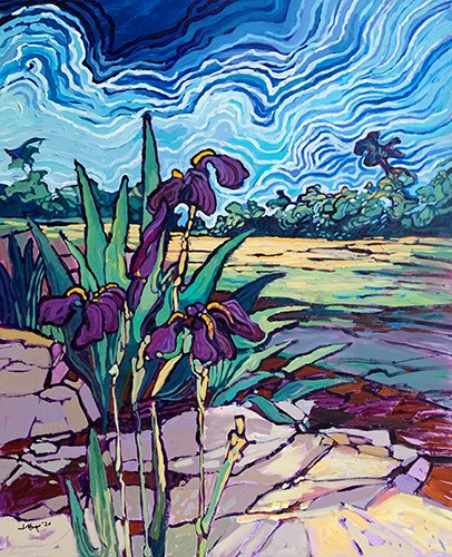 landscape painting with irises by Judy Hodge