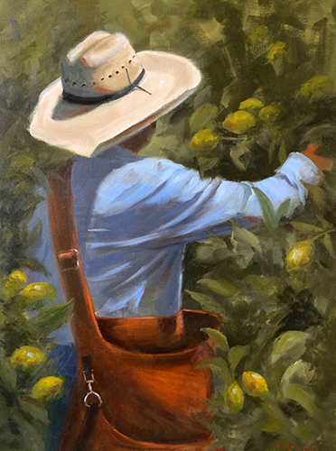 oil painting of a lemon picker by Wendy Gordin