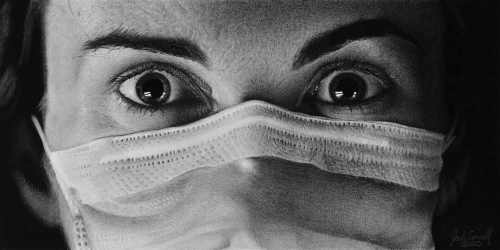 charcoal and graphite drawing of a woman with a face mask by Josh Connell