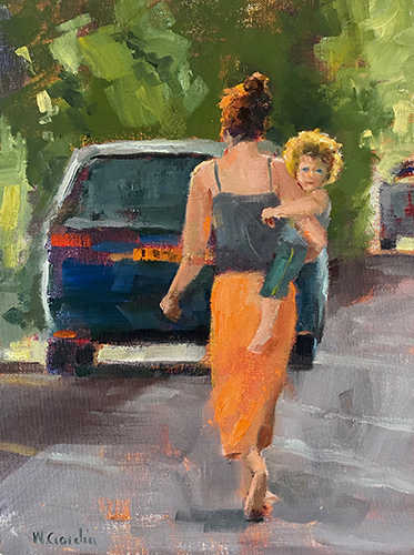 Oil painting of a mother carrying a child by Wendy Gordin