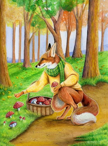 painting of a fox gathering mushrooms by Hannah Spiegleman