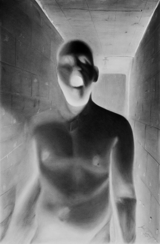 charcoal and graphite self-portrait of the artist pacing in a hall by Josh Connell