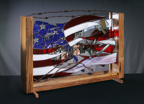 mixed media stained glass sculpture of the American flag by Edd Johannemann