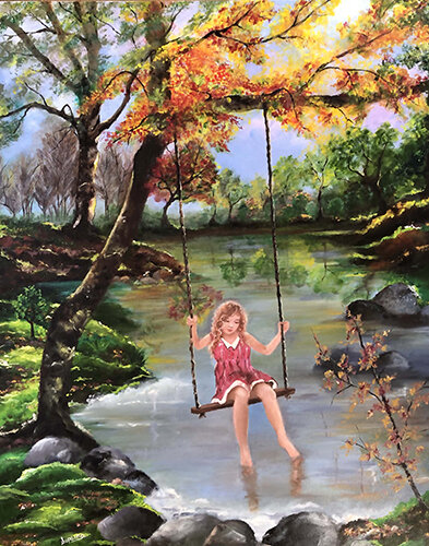 painting of a girl on a tree swing by Suparna Sain