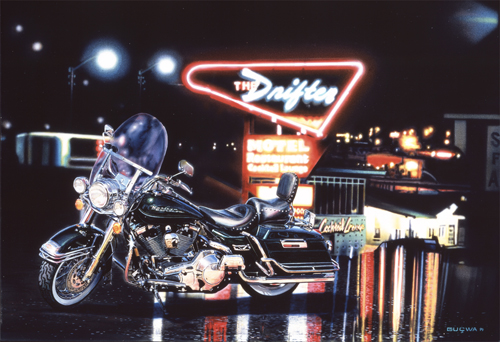 painting of a Harley at The Drifter Motel by James "Kingneon" Gucwa