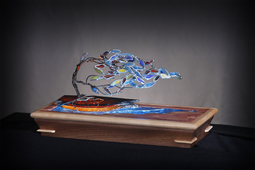 mixed media stained glass sculpture of a tree by Edd Johannemann
