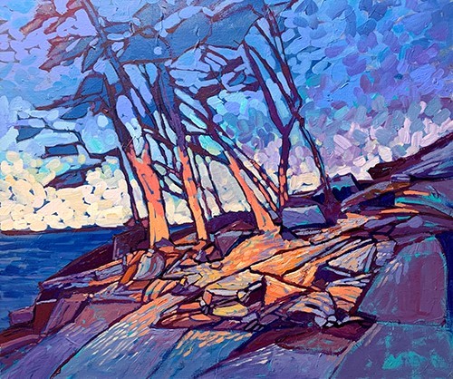 landscape painting of trees at twilight by Judy Hodge