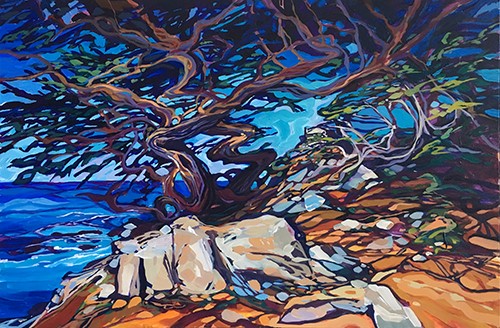 landscape painting of twisted trees in California by Judy Hodge