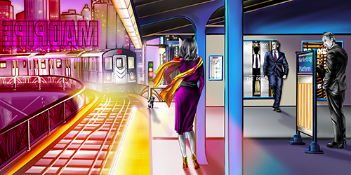 Digital art train station scene by artist Melissa Whitaker