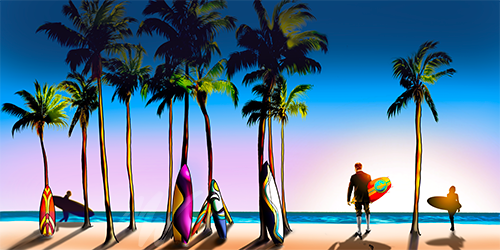 Digital artwork depicting a beach titled "Surf's Up" by artist Melissa Whitaker