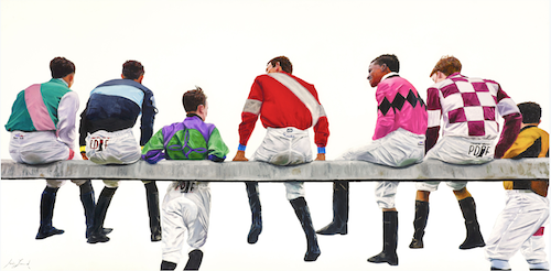 painting of jockeys by Jessica Leonard