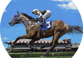 circular painting of a racehorse by Jessica Leonard