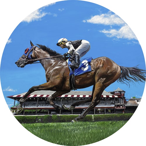 circular painting of a racehorse by Jessica Leonard