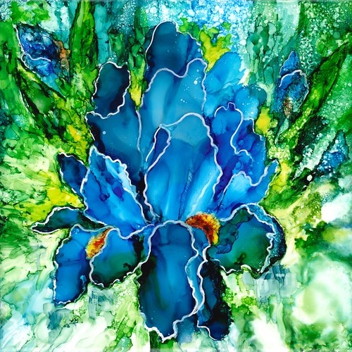 alcohol ink blue iris portrait by Linda Eader