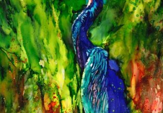 alcohol ink portrait of a blue heron by Linda Eader