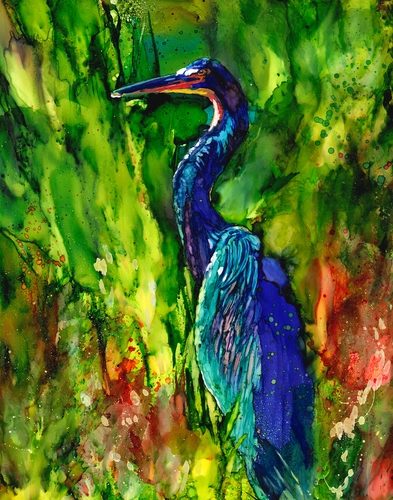 alcohol ink portrait of a blue heron by Linda Eader