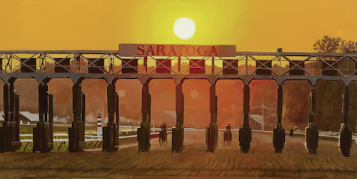 painting of the Saratoga Springs starting gate at dawn by Jessica Leonard