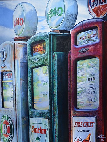 painting of vintage gasoline pumps by Lynn Garwood