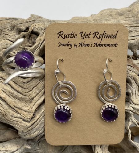 amethyst and silver spiral earrings and ring by Alene Geed