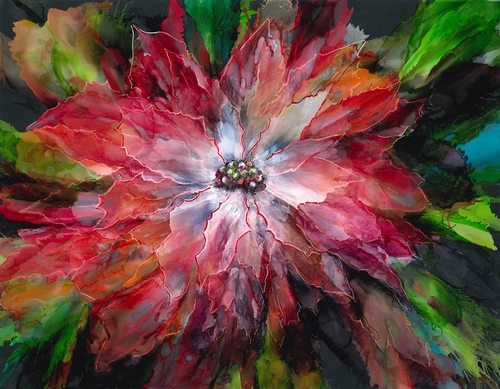 alcohol ink portrait of a red flower by Linda Eader