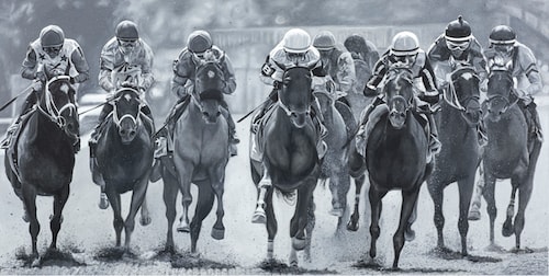 black and white painting of a field of race horses by Jessica Leonard