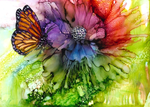 alcohol ink floral and butterfly portrait by Linda Eader