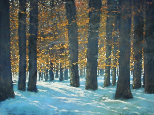 landscape painting of a snowy oak forest by Robert Magaw