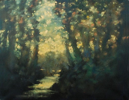 landscape painting of woods and water by Robert Magaw
