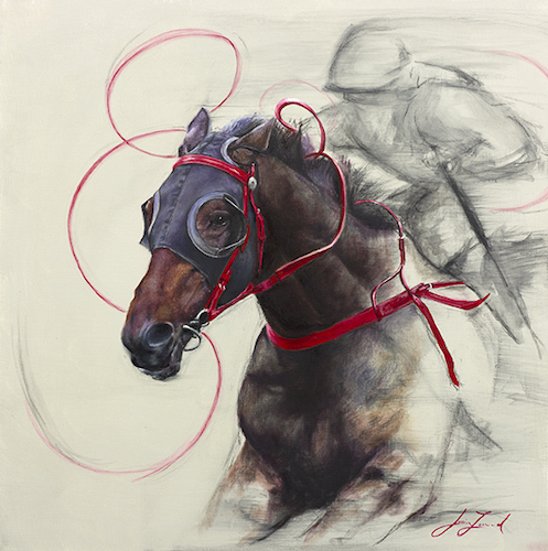 painting of a horse and jockey by Jessica Leonard