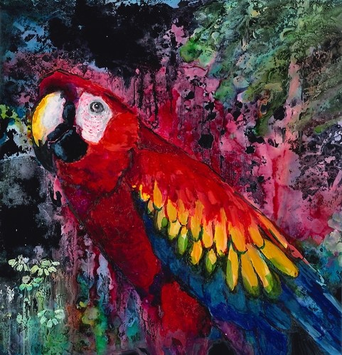 alcohol ink portrait of a red macaw by Linda Eader