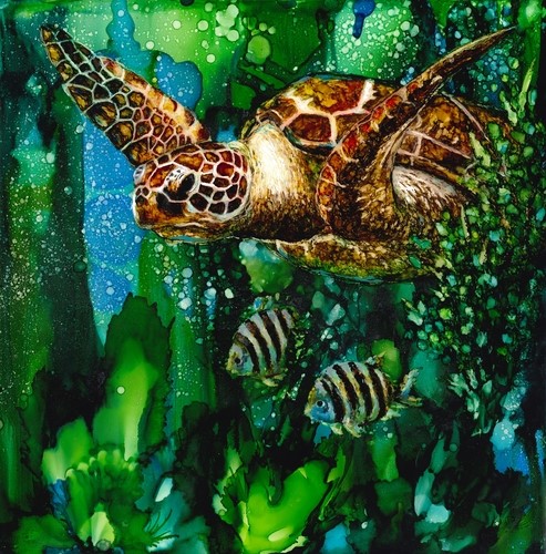 alcohol ink portrait of a sea turtle by Linda Eader