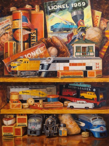 painting of boys trains and toys by Angela Trotta Thomas