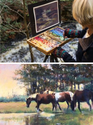 Artist Lisa Regopoulos painting Salt Marsh Ponies, soft pastel