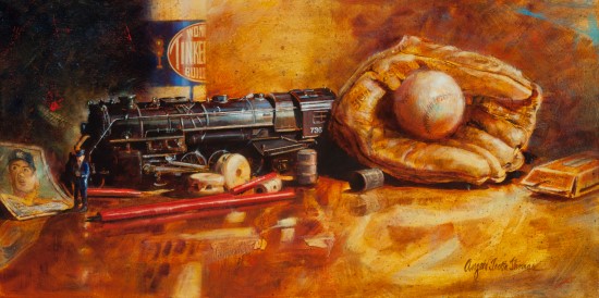 painting of a train and baseball mitt by Angela Trotta Thomas