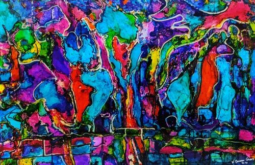 abstract mixed media painting on Plexiglas by Victoria Cameron Glass
