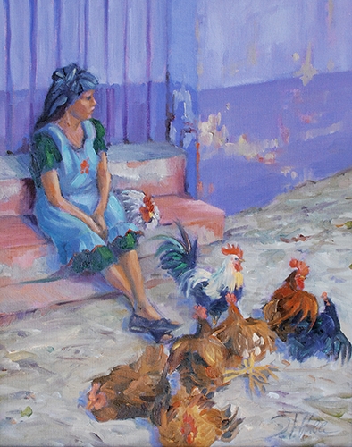 painting of a woman with chickens by Ilse Taylor Hable