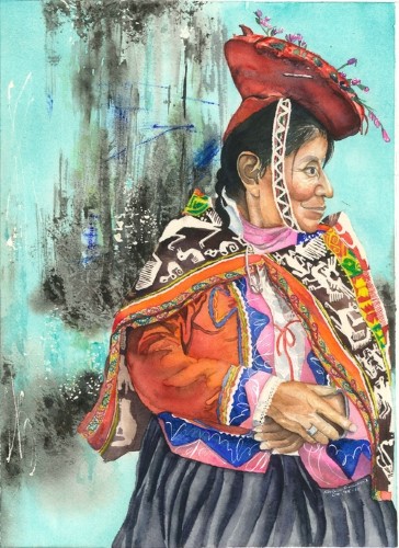 watercolor of a Peruvian vendor by Karlene Francois