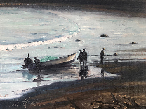 painting of early fishing by Ilse Taylor Hable