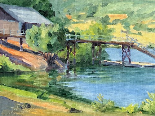 landscape painting of Lake Cuyamaca Pier by Ilse Taylor Hable